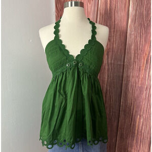 Moda International Ringlet Green Scalloped Halter Top Smocked Babydoll Small Y2K